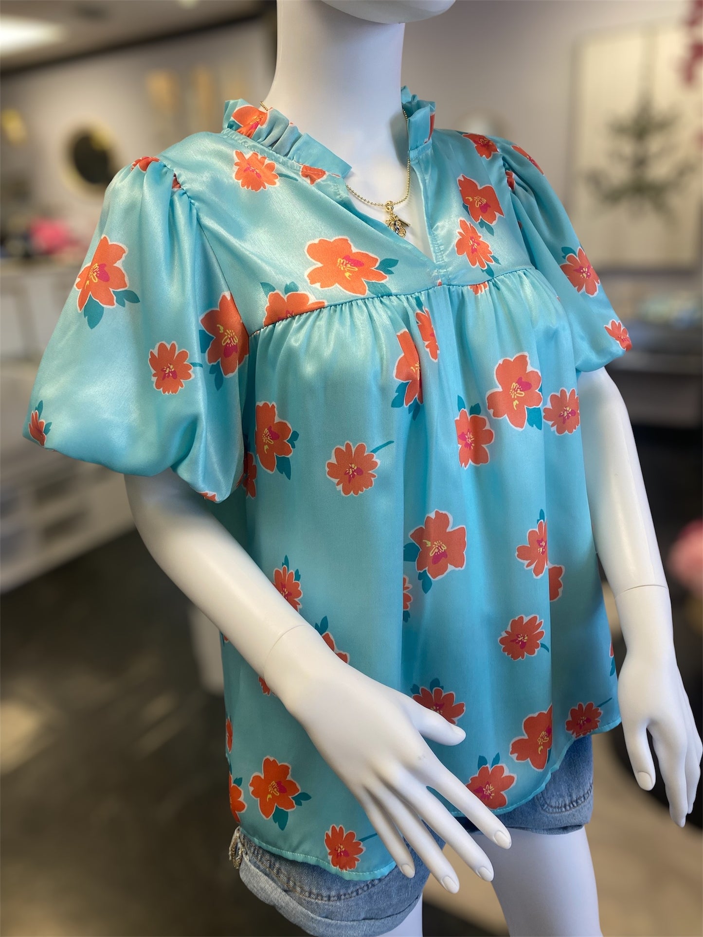 Sky Blue Tangerine Flower Puff Sleeve V-Neck Top