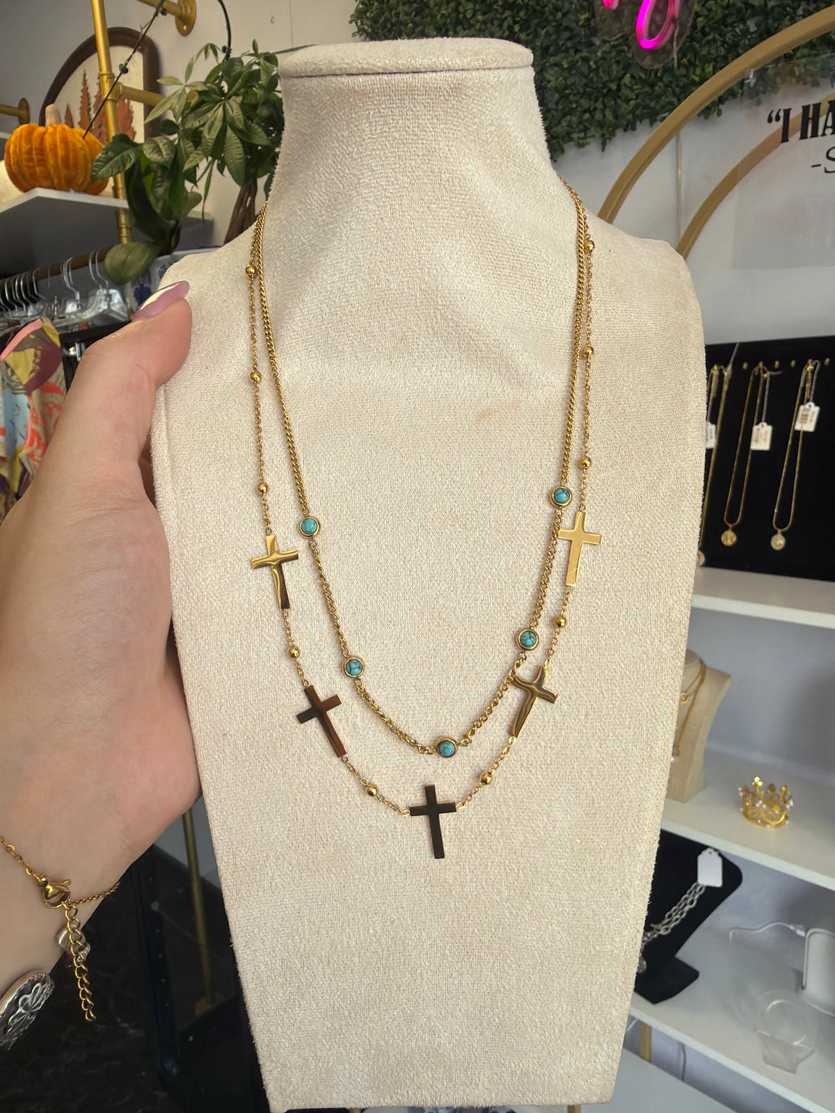 Stainless Gold Plated Cross With Imitation Turquoise Necklace