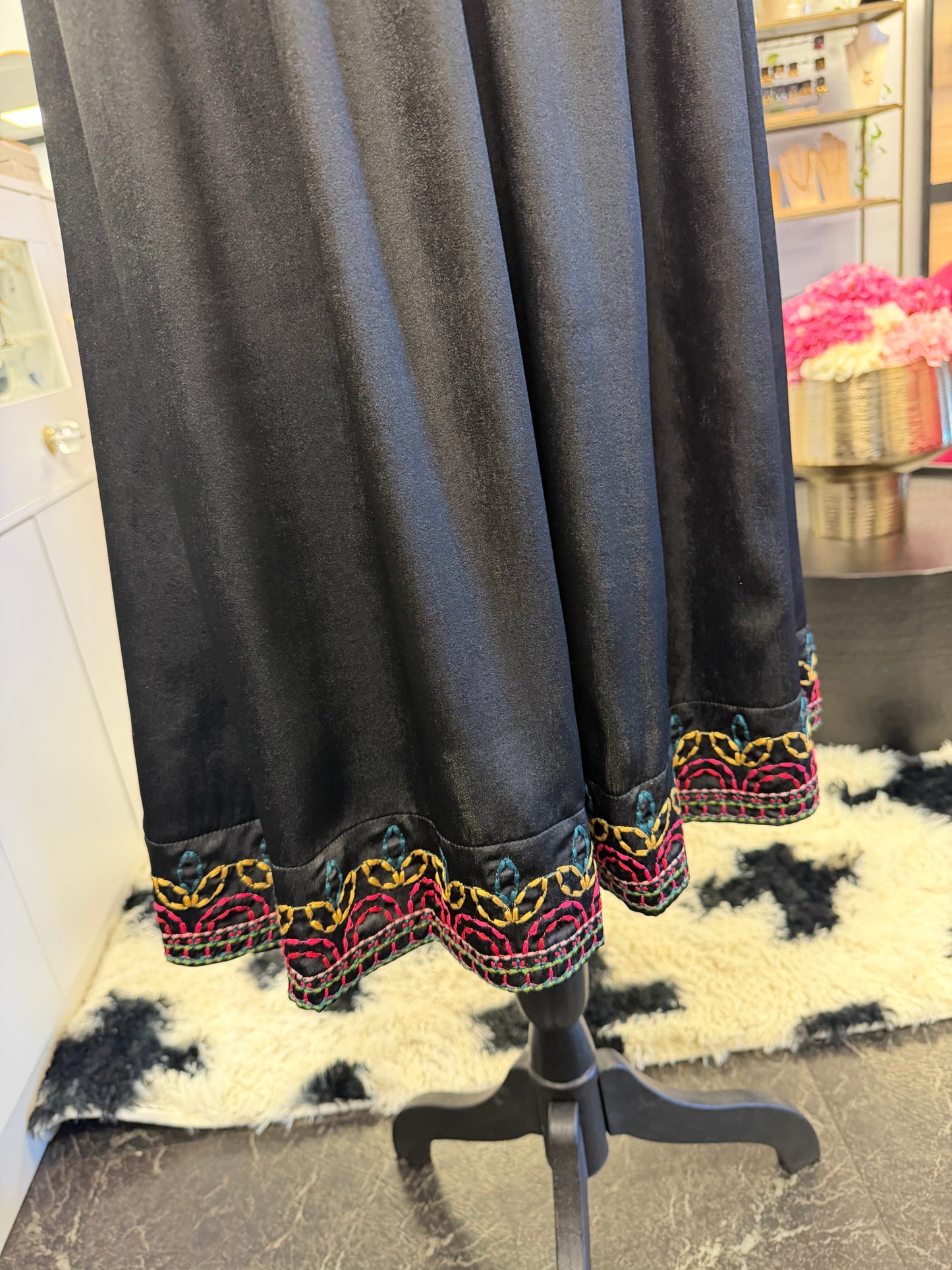 Black Satin Colorful Embroidered Long Sleeve Dress