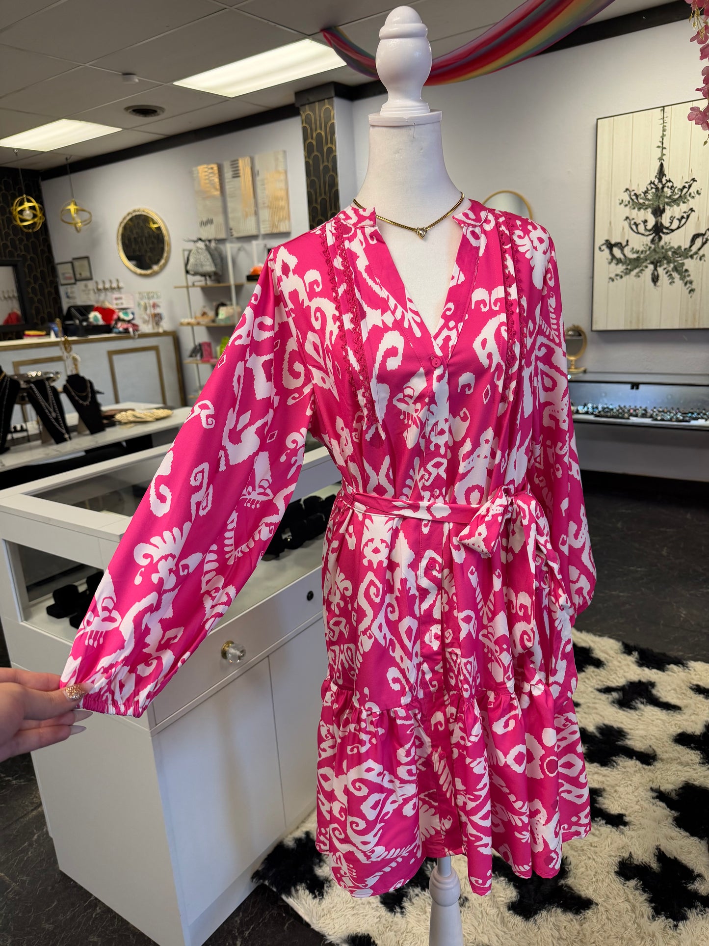 Pink & White Print Tie Dress