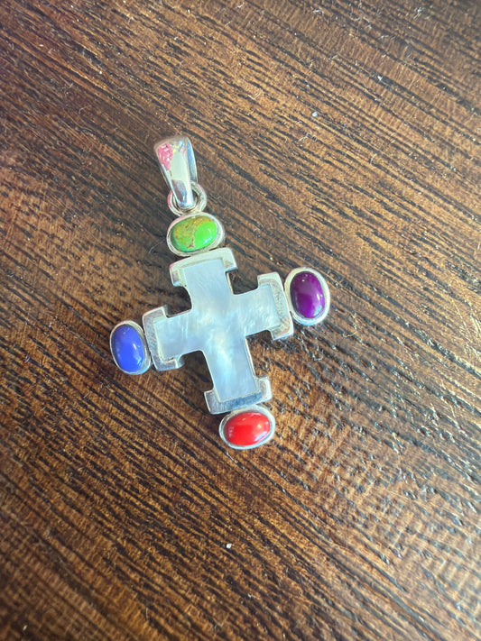 Sterling Silver Multi Stone Cross Pendant