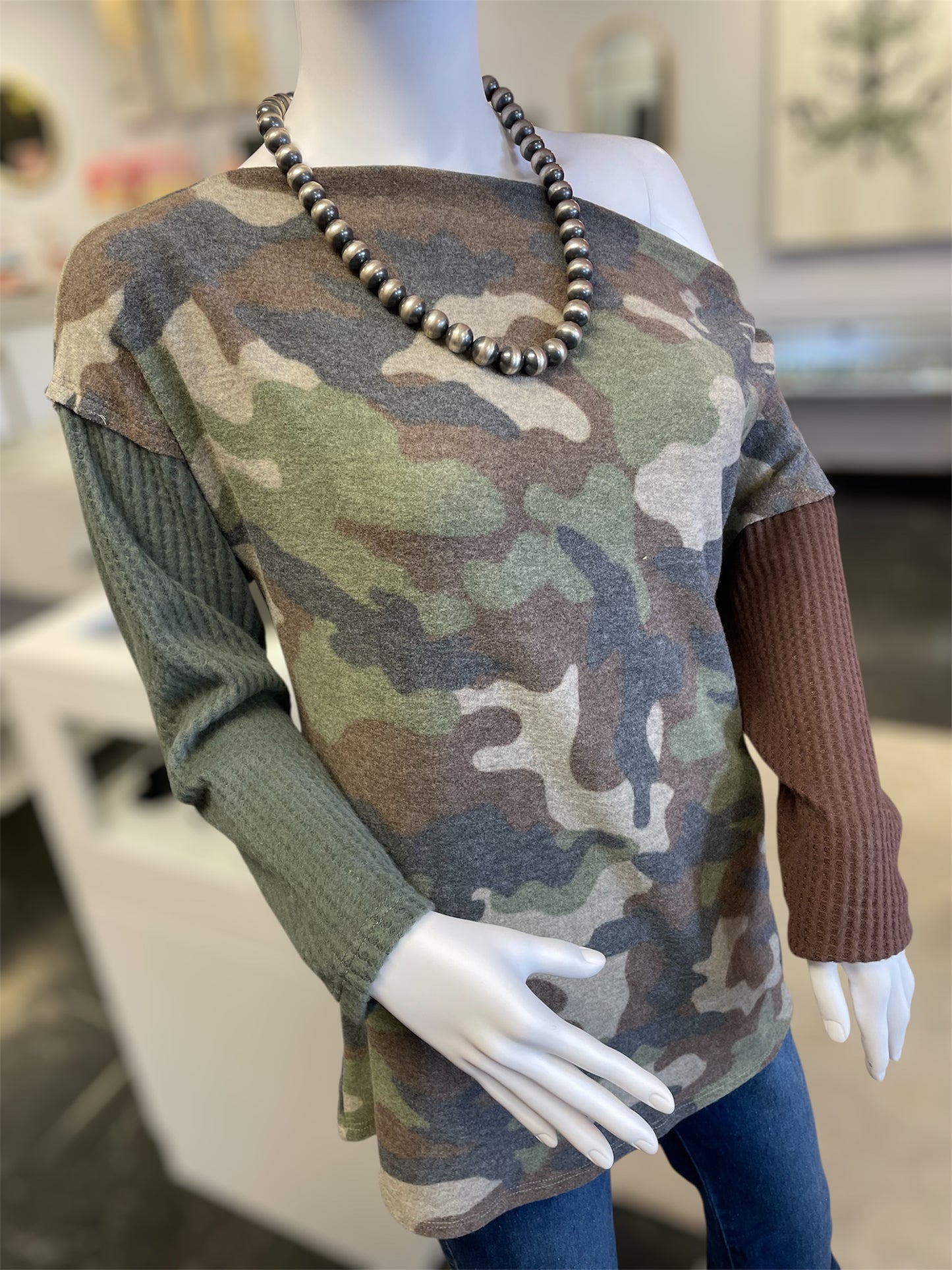 Camo Print Off Shoulder Sweater Top