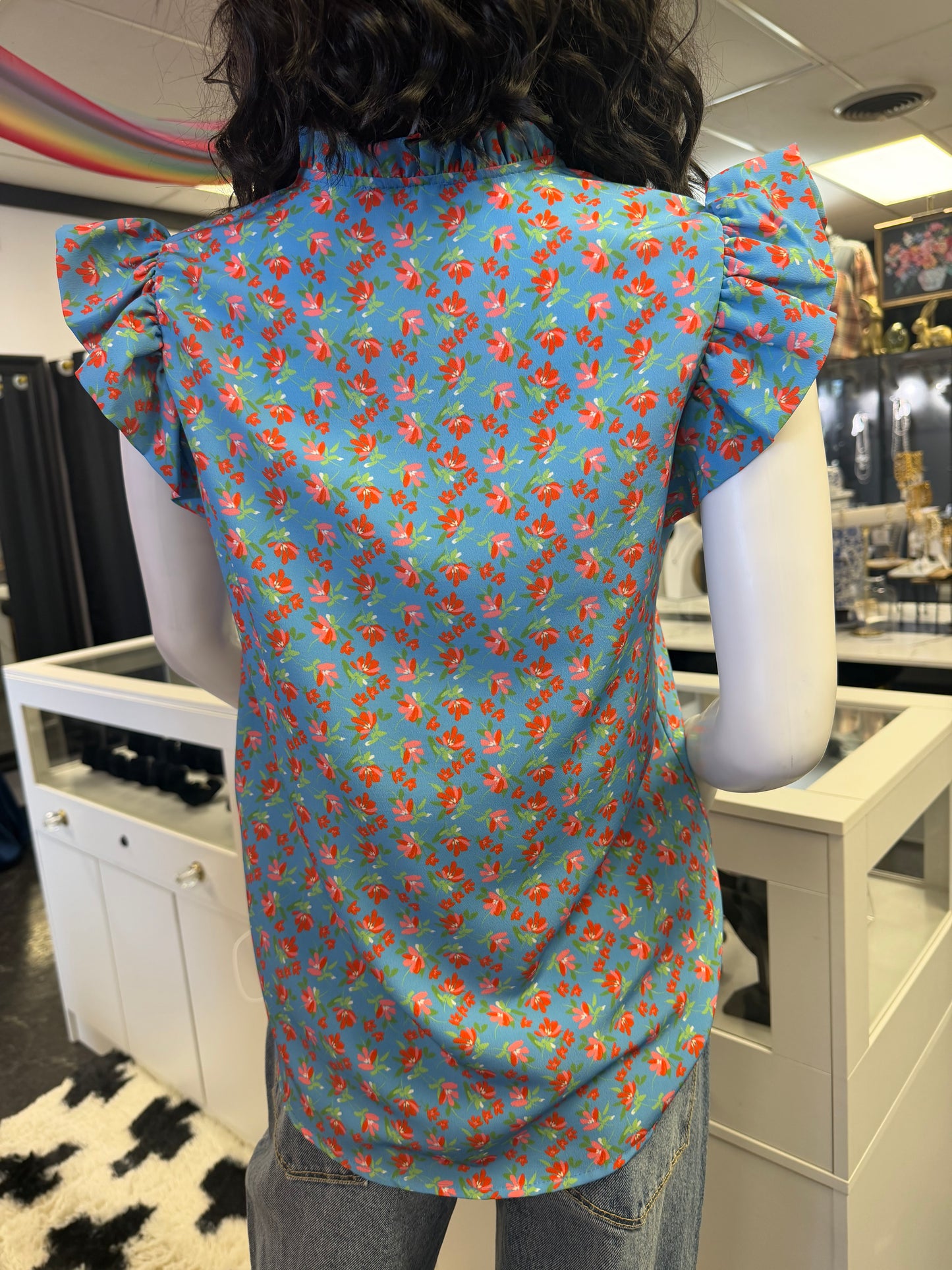 Blue Skies Top Floral Flutter Sleeve