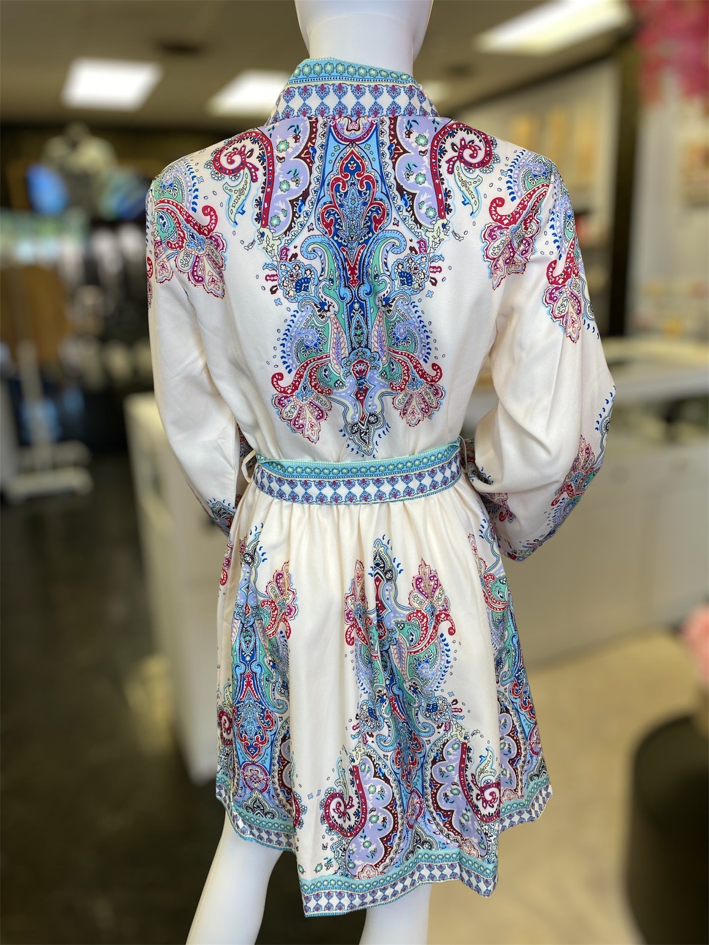 Bohemian Paisley V-Neck Long Sleeve Belted Dress