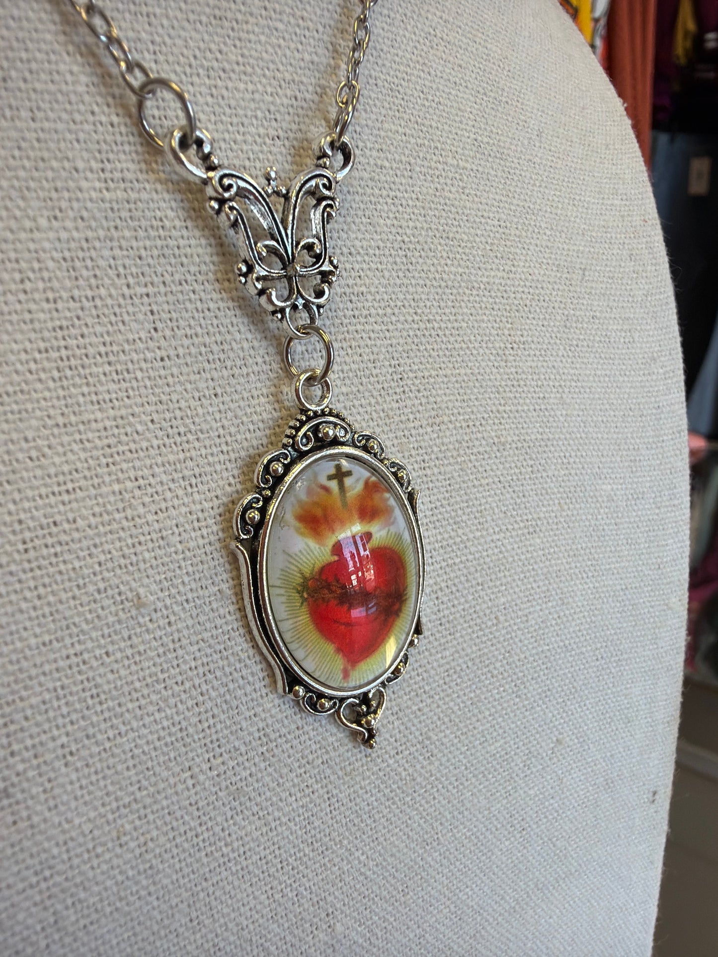 Long Sacred Heart Silver Necklace