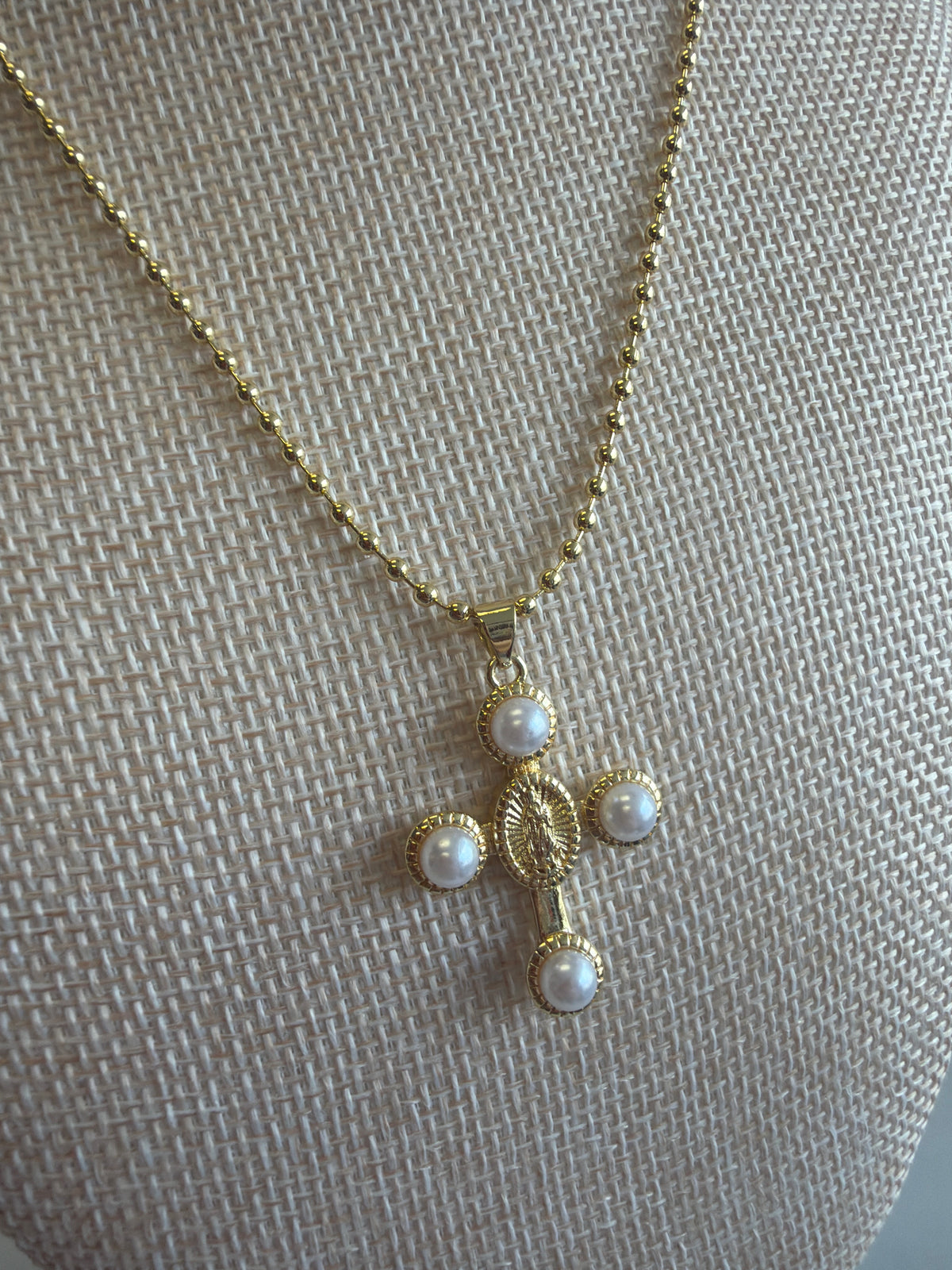 Gold & Pearl Virgin Mary Mini Cross Necklace