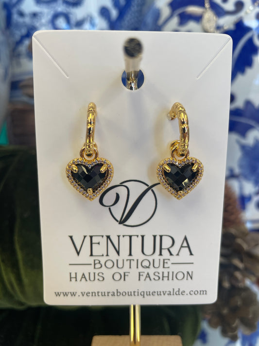 Gold Hoop Black Heart Earrings
