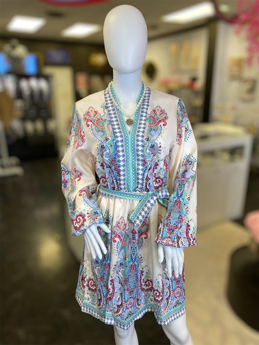 Bohemian Paisley V-Neck Long Sleeve Belted Dress