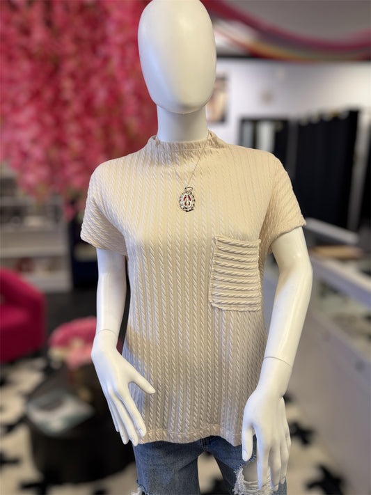 Crème Short Sleeve Mock Neck Front Pocket Top