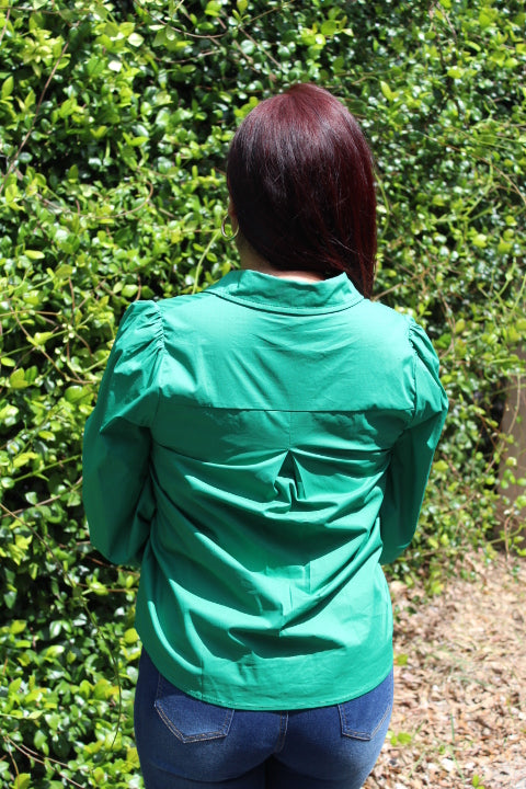 Green Solid Collared Neck Top with Pocket