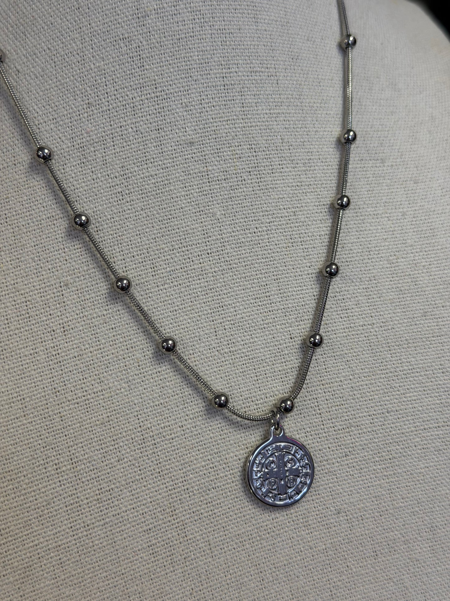 Beaded Ball Chain Stainless Saint Benedict Charm Necklace