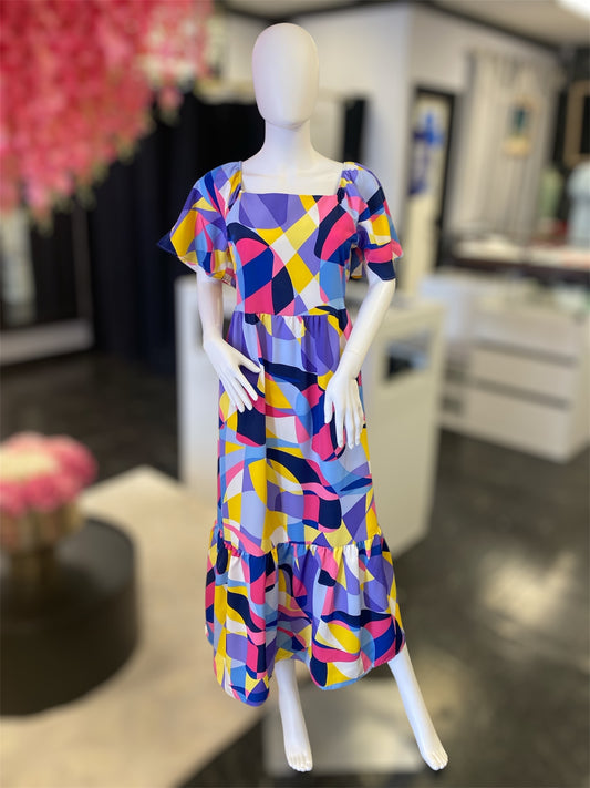 Short Sleeve Multi Print Colorful Maxi Dress