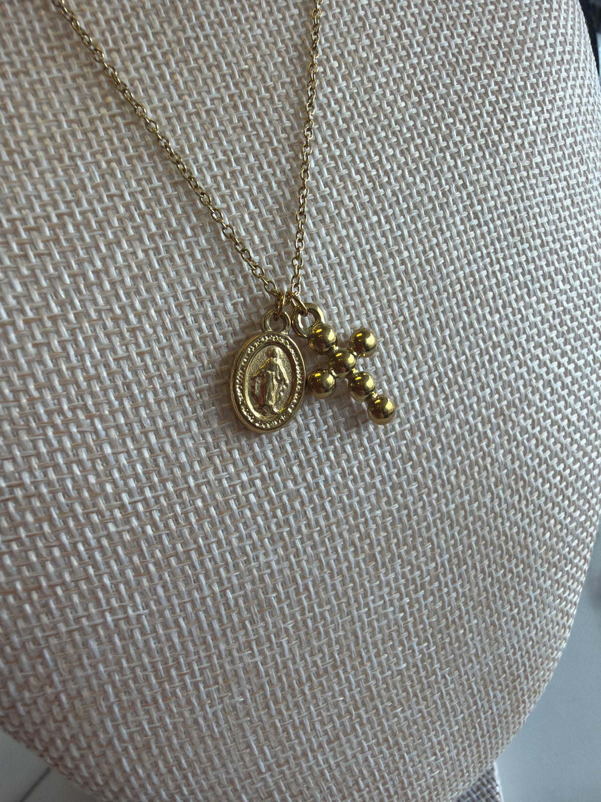 Stainless Steel Gold Plated Cross & Mother Mary Necklace