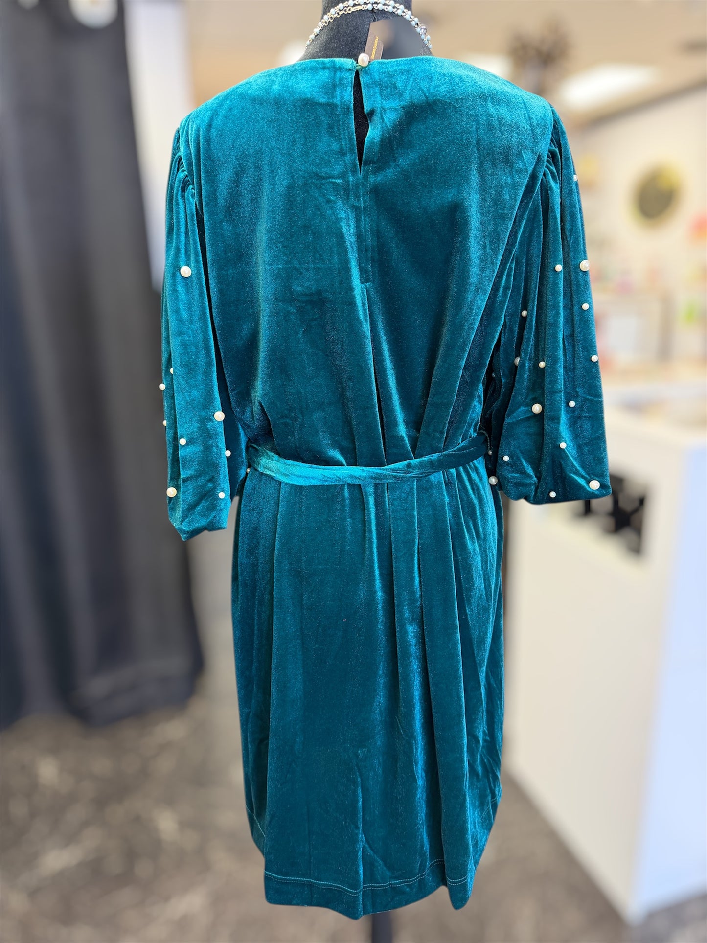 Emerald City Velvet Pearl Balloon Sleeve Dress