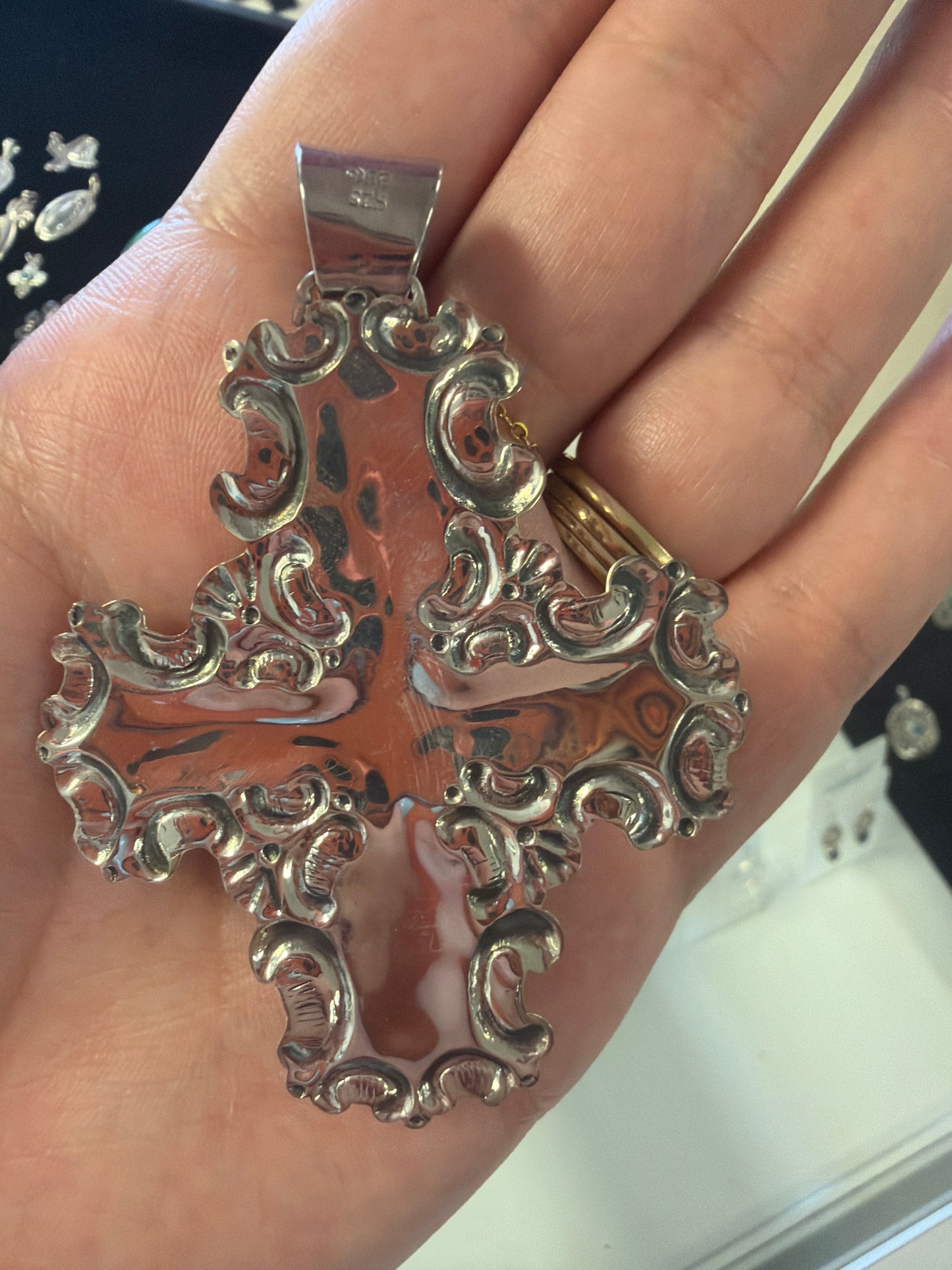 Sterling Silver HUGE Cross With Turquoise Center