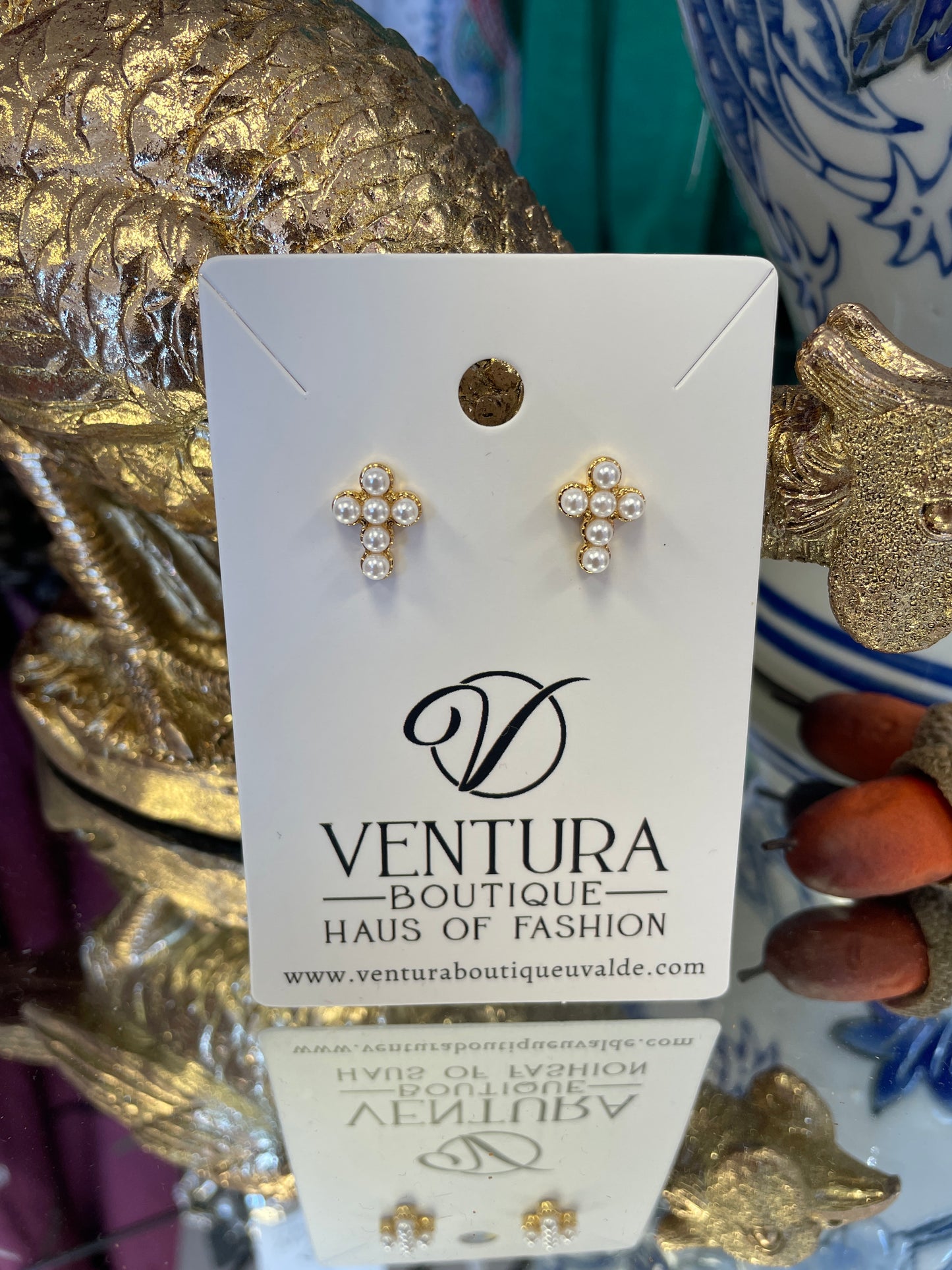 Pearl Gold Cross Stud Earrings