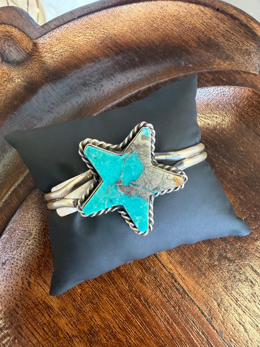 Sterling Silver Native Larson Chee Navajo Kingman Star Cuff Bracelet