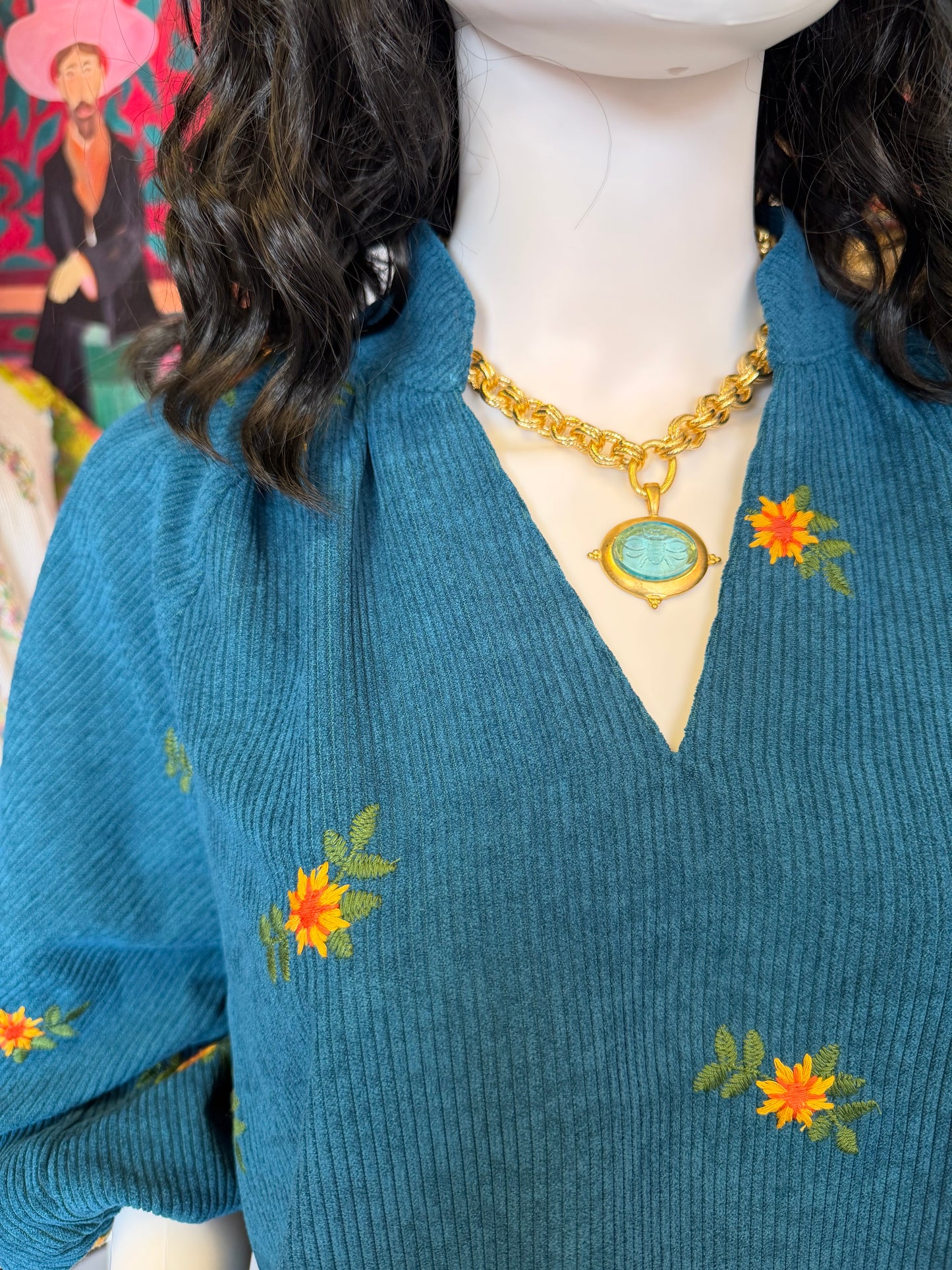 Corduroy Floral Embroidered Blouse