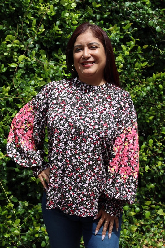 Floral Print Top with Embroidery