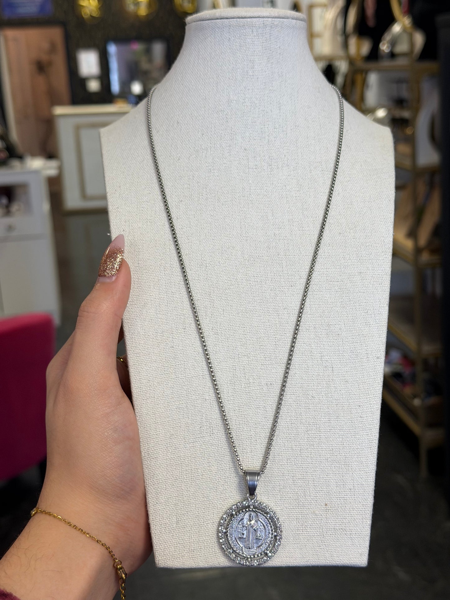 Long Chain Saint Benedict Crystal Large Charm Double Sided