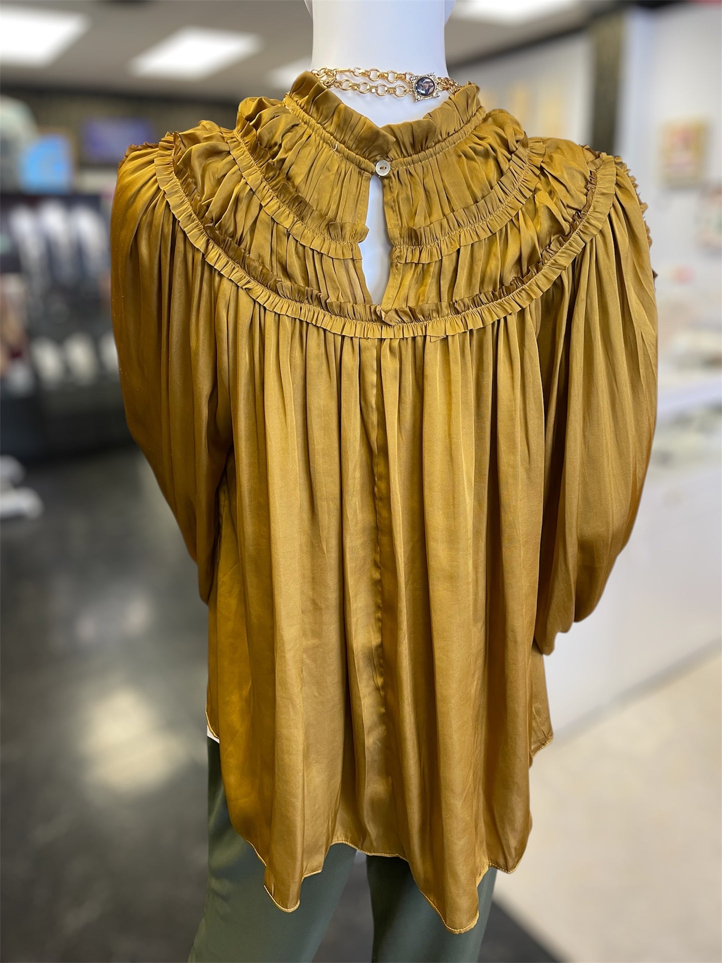 Gold Ruffled Long Sleeve Satin Top