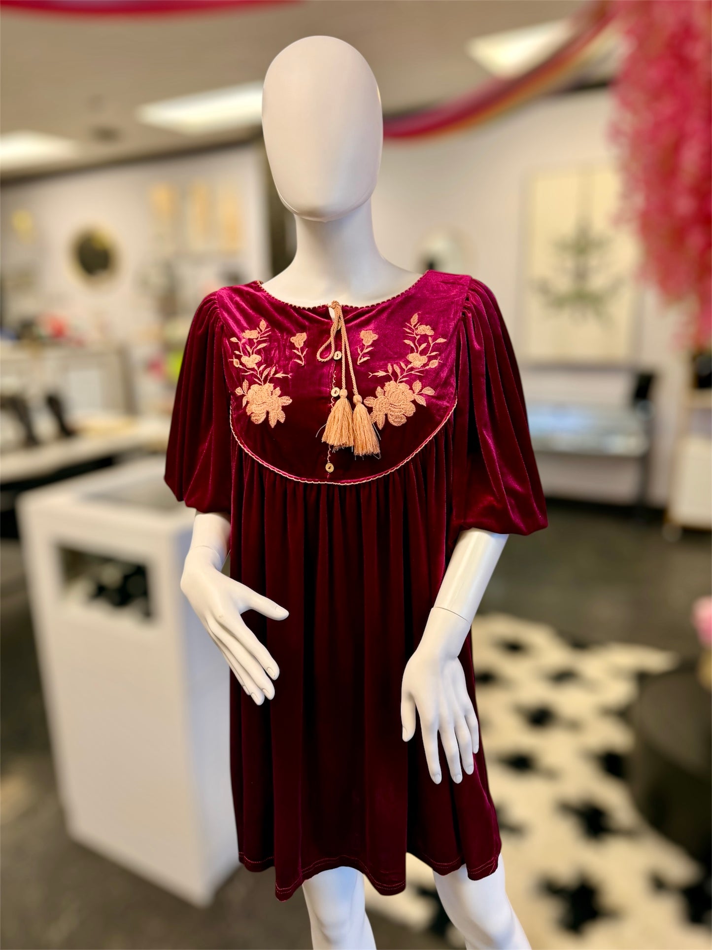 Burgundy Velvet Embroidered Dress