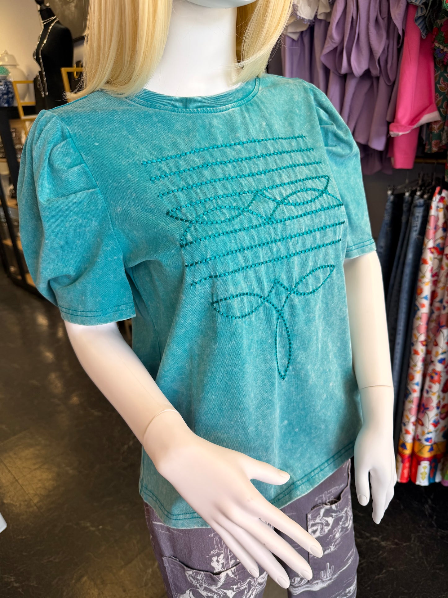Acid Wash T-shirt Stitch Western Top