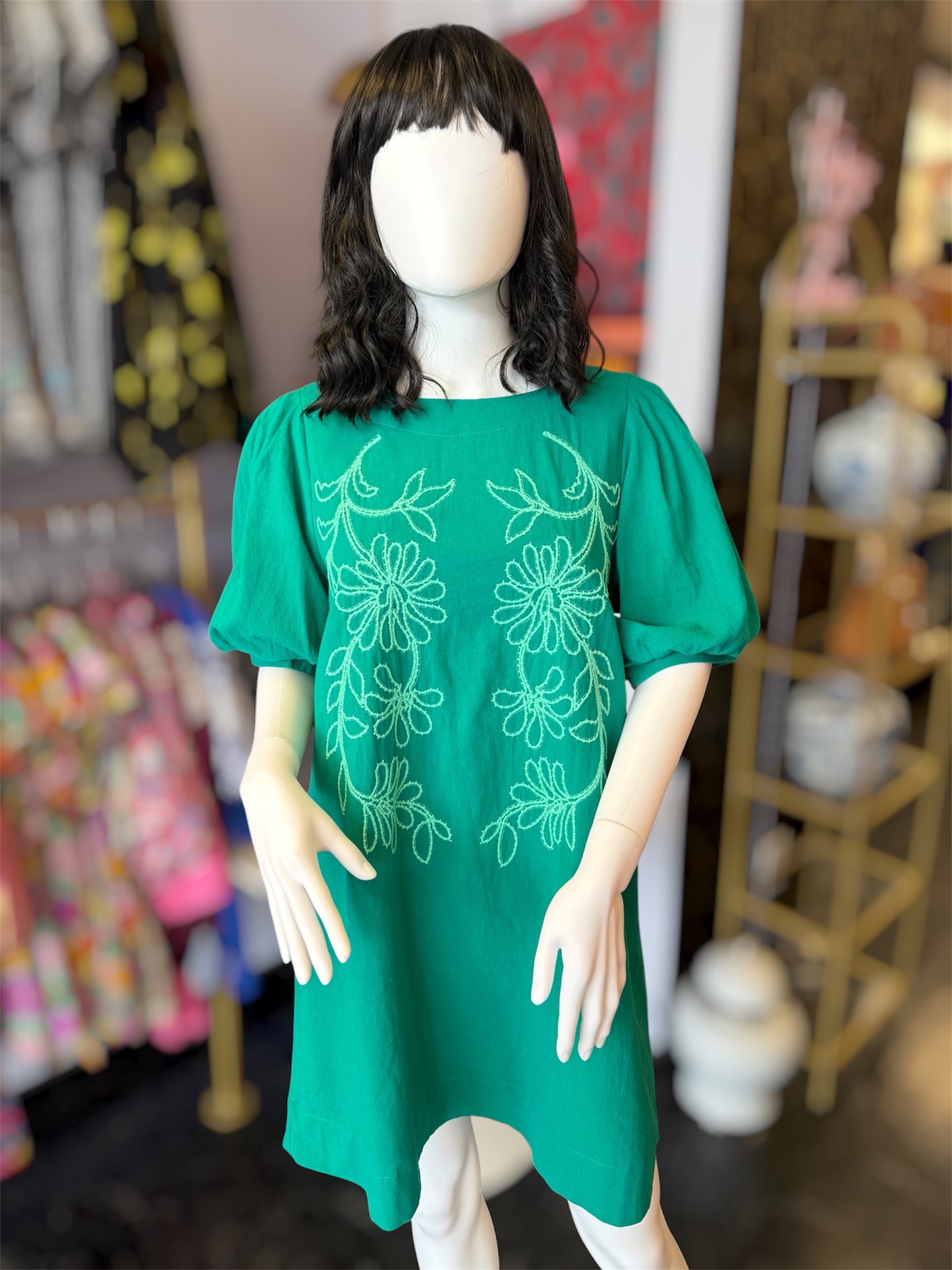 Jade Puff Sleeve Embroidered Dress