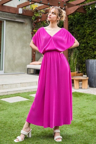 Pleated Surplice Neck Maxi Dress