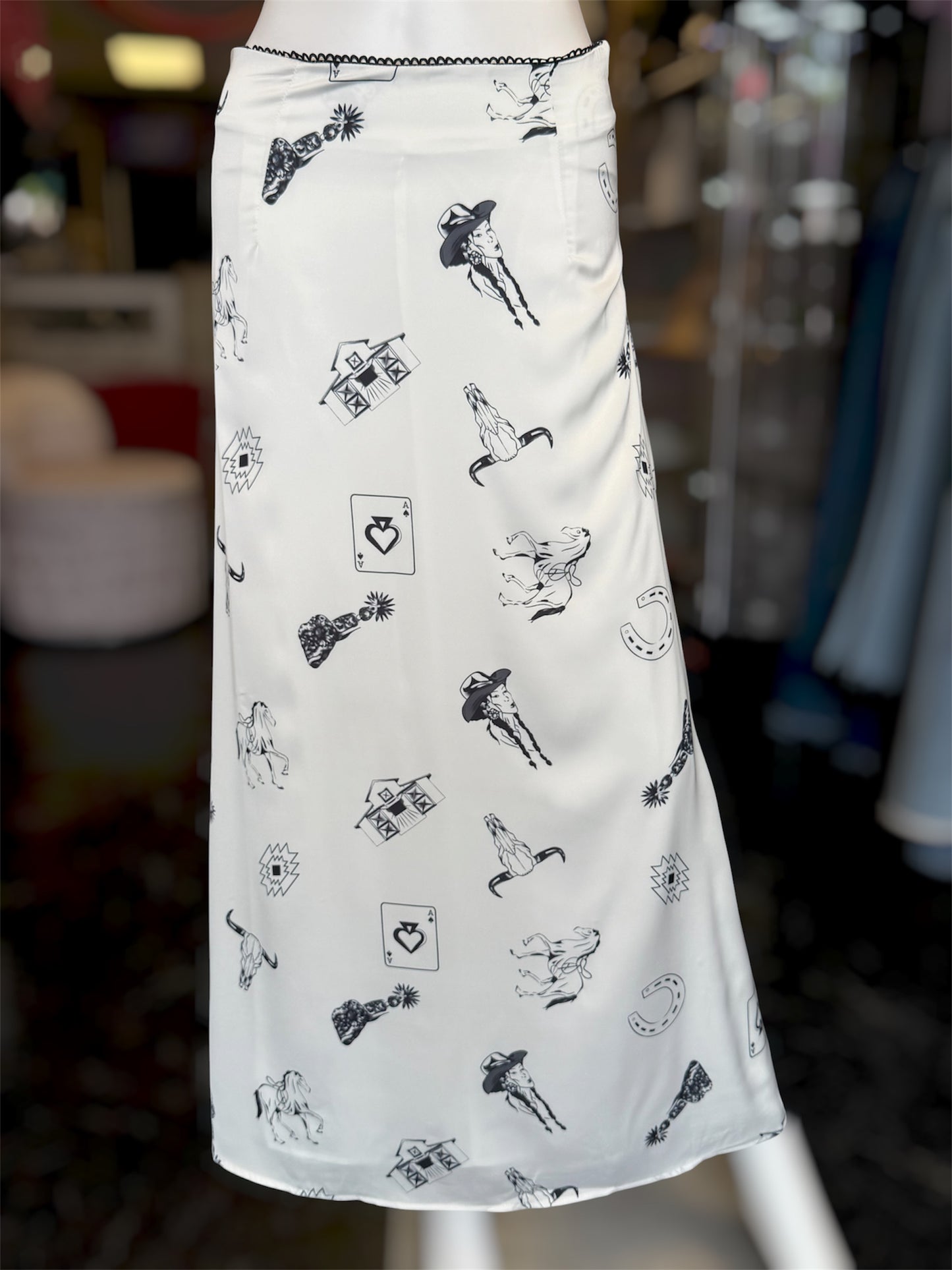 Silky White & Black Western Graphic Skirt