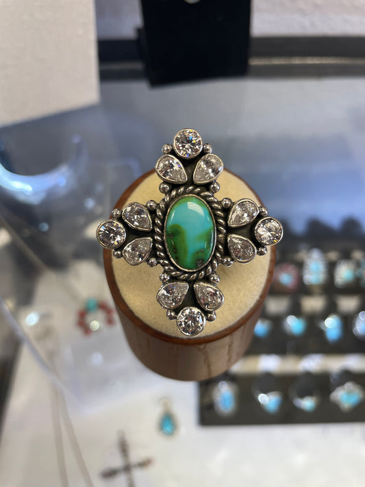 925 Sterling Silver Sonoran Golden Turquoise Cross Ring With CZ Stones Size 7 (Adjustable)