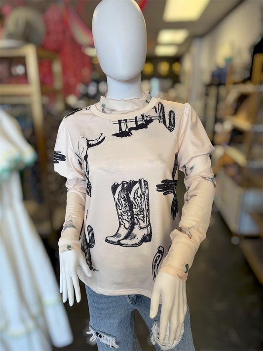 Puff Sleeve Crème Tee Shirt Western Vibes