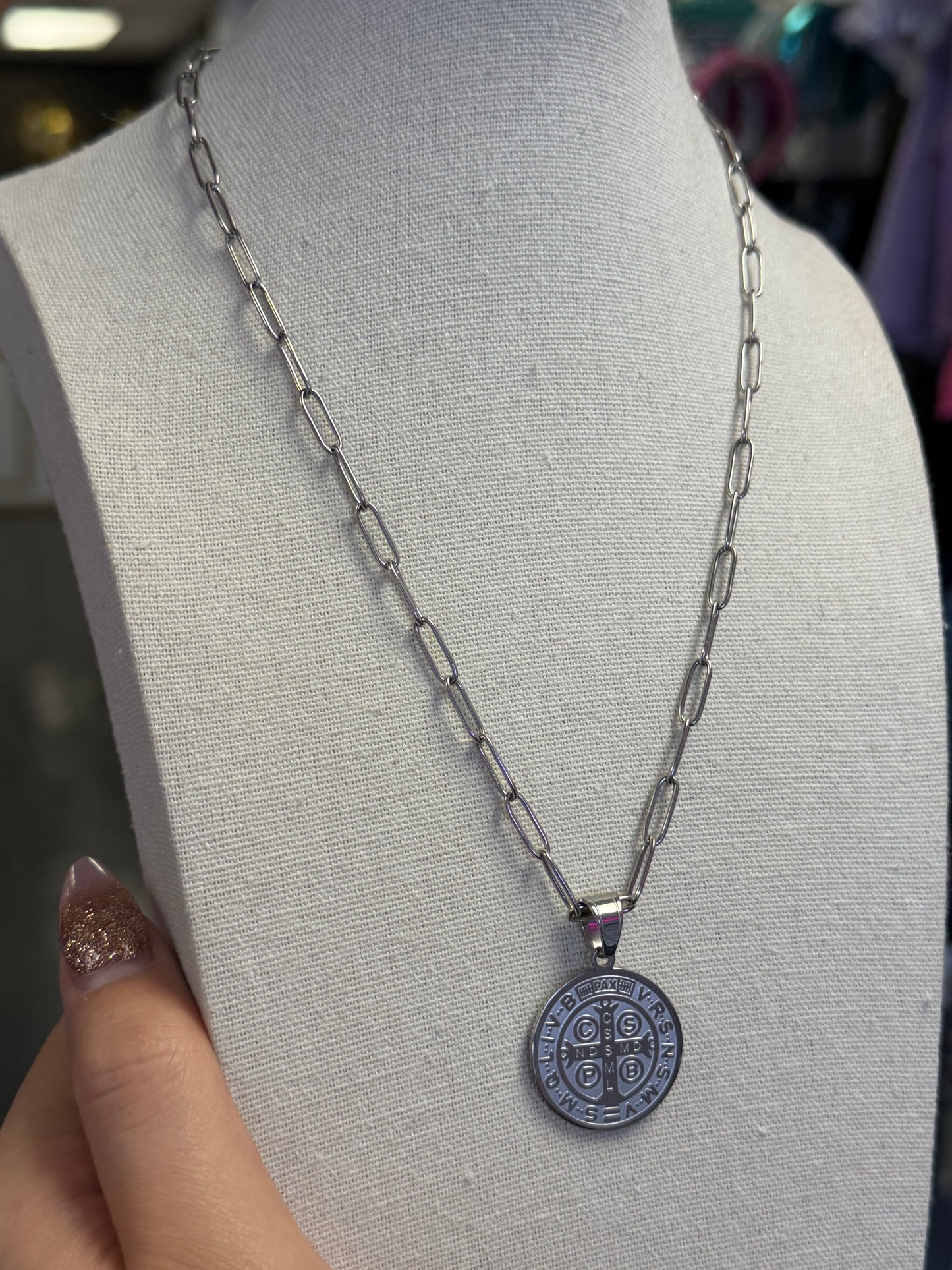 Stainless Medium Saint Benedict Paper Clip Necklace