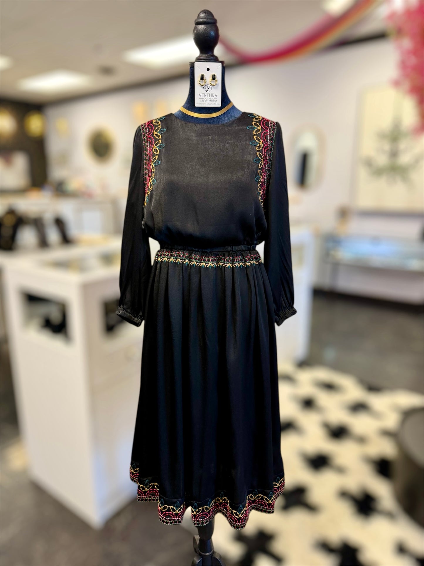 Black Satin Colorful Embroidered Long Sleeve Dress