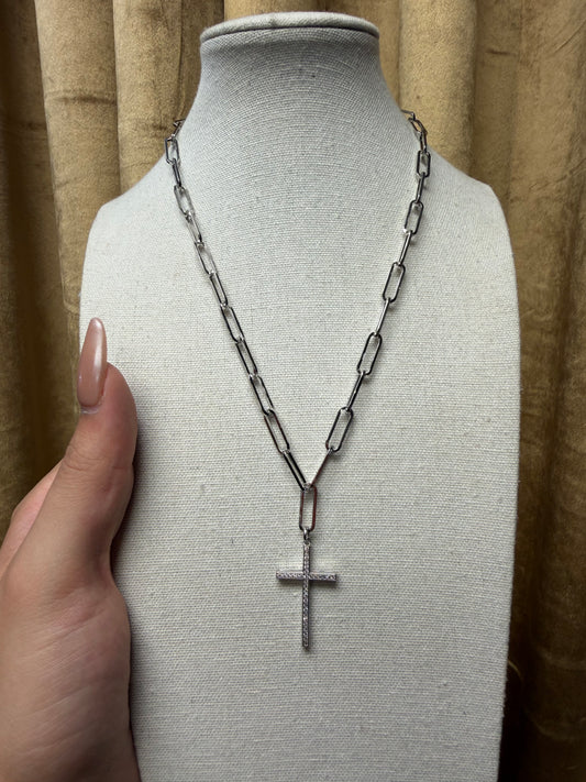 MX Crystal Cross On Paper Clip Chain