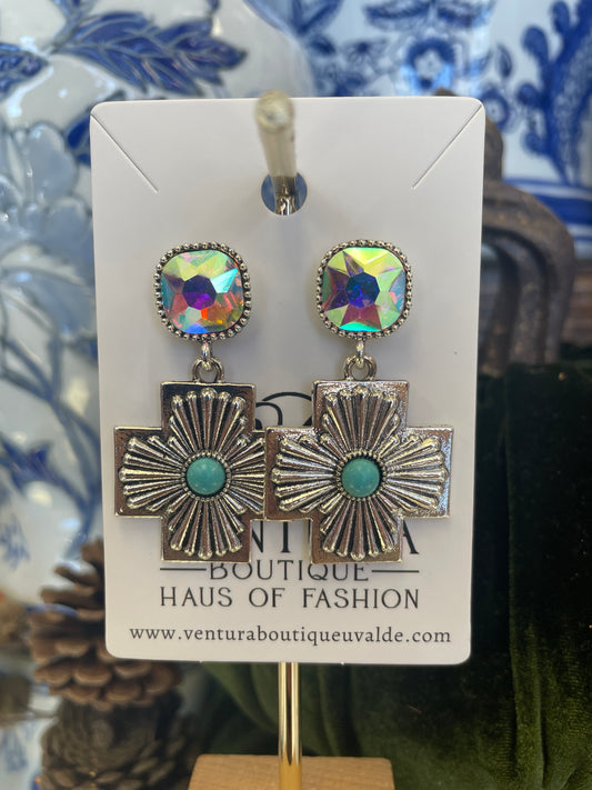 Silver Post AB Stone Cross Earrings