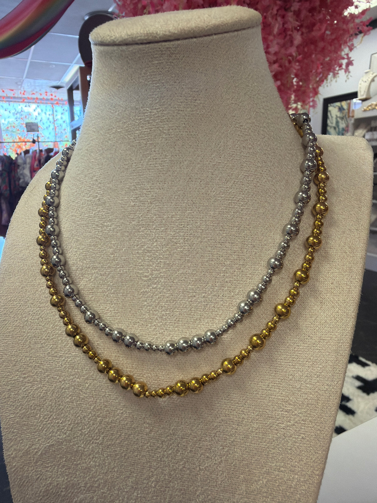 Stainless Steel Multi Bead Gradient Necklace Gold & Silver