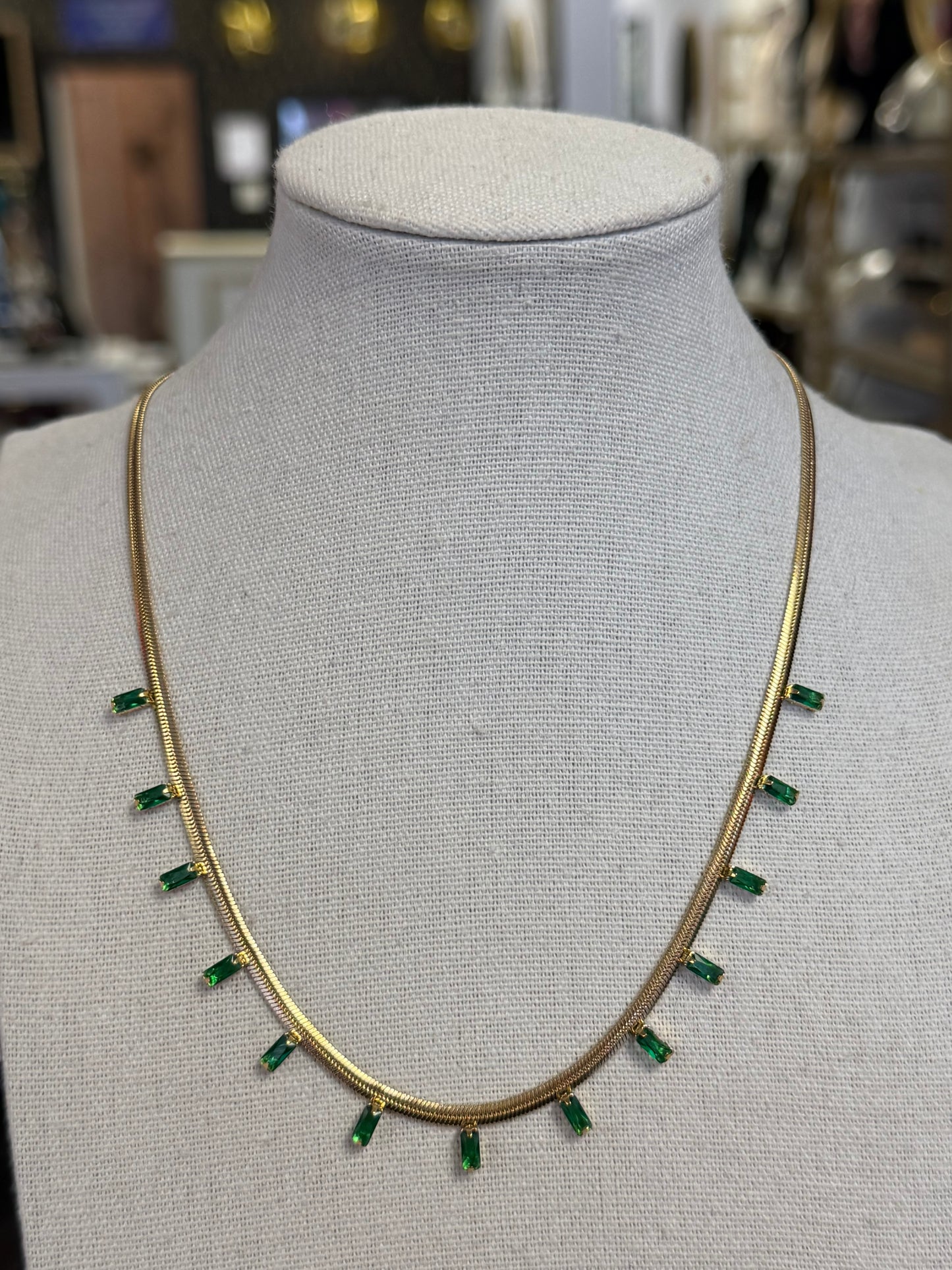 Stainless Gold Plated Green Crystal Necklace