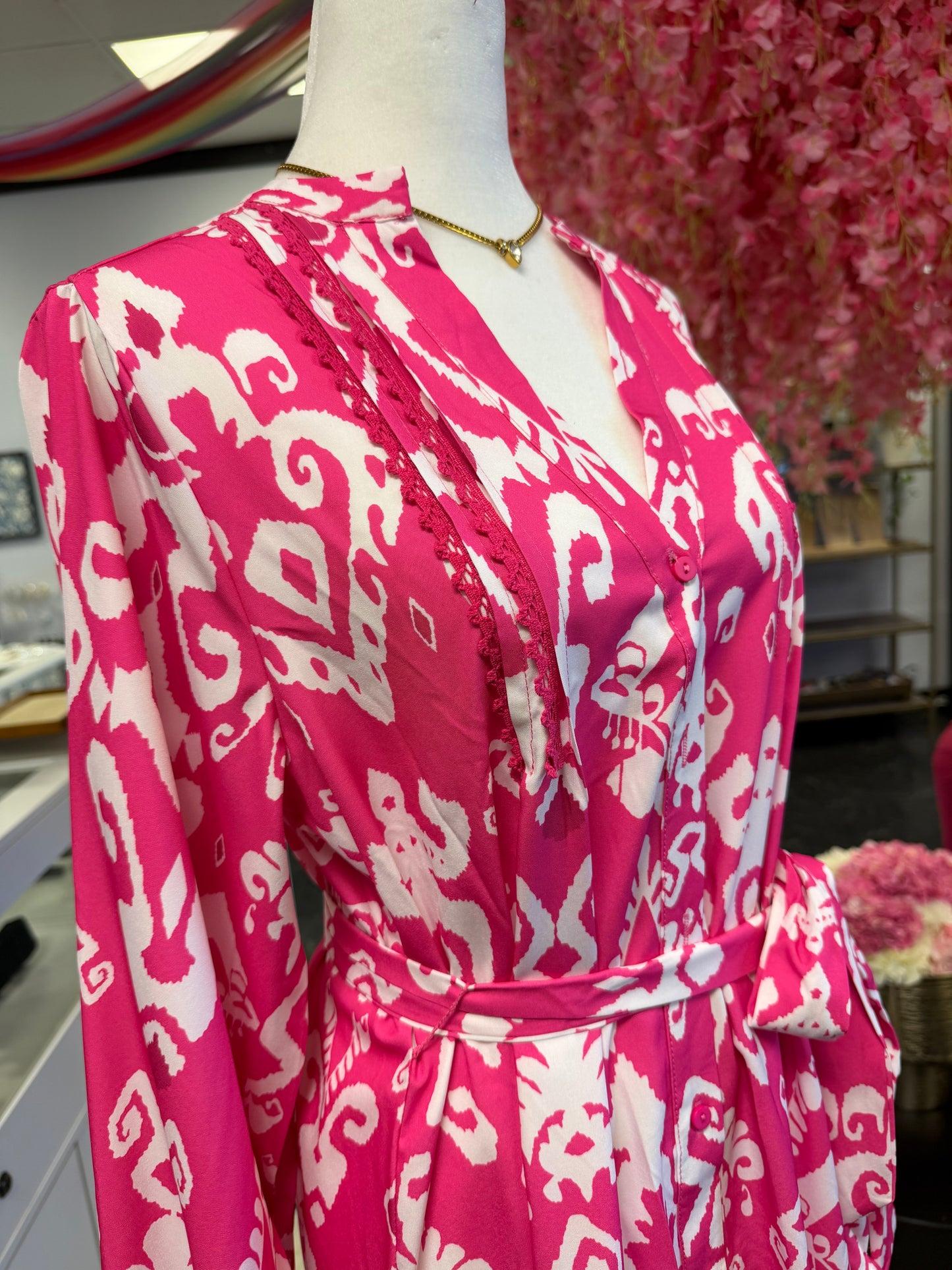 Pink & White Print Tie Dress