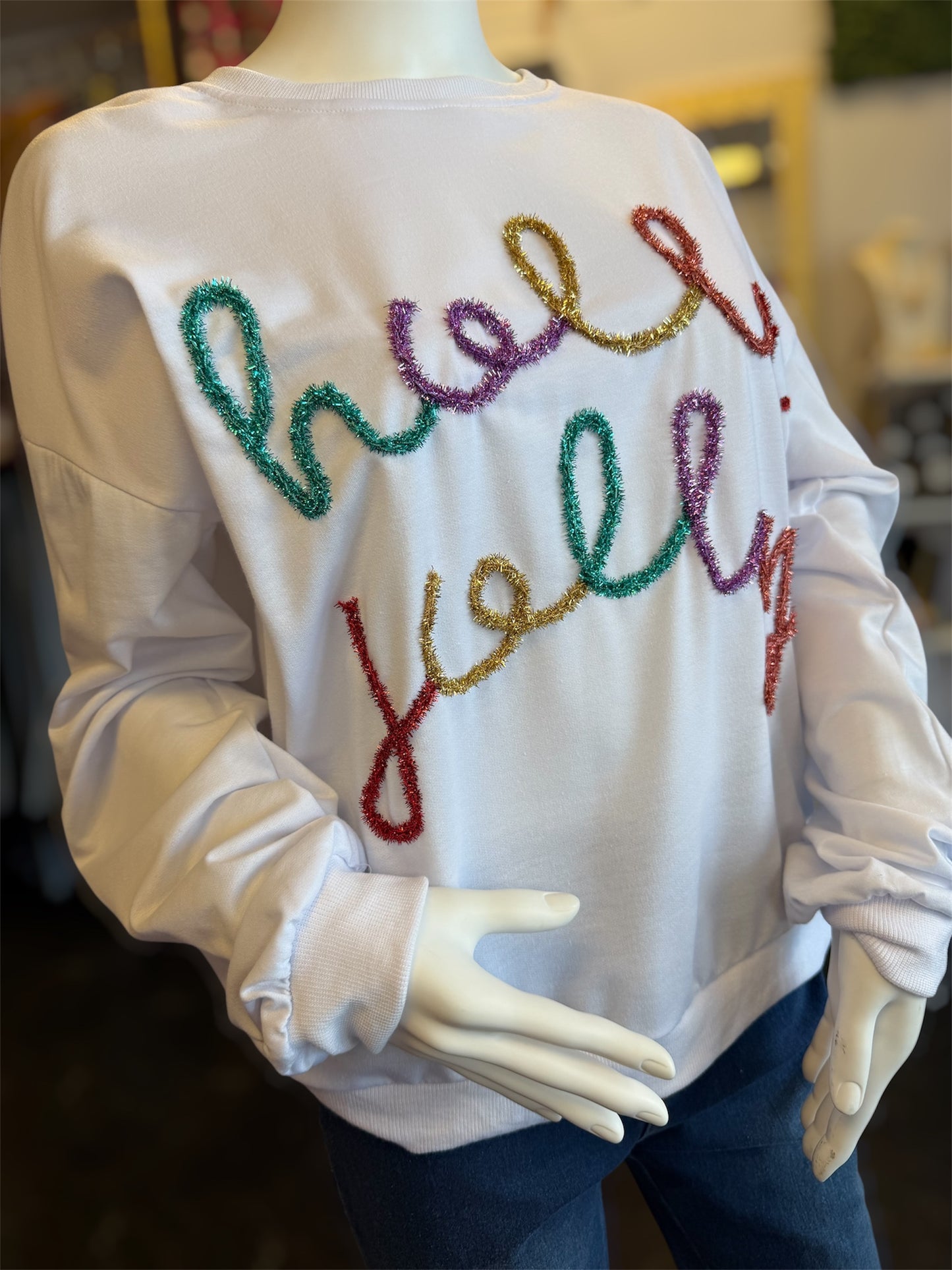 Holly Jolly Tinsel White Sweatshirt
