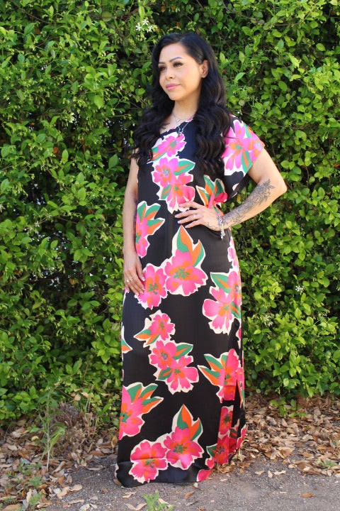 Flower Print Satin One-Shoulder Maxi Dress