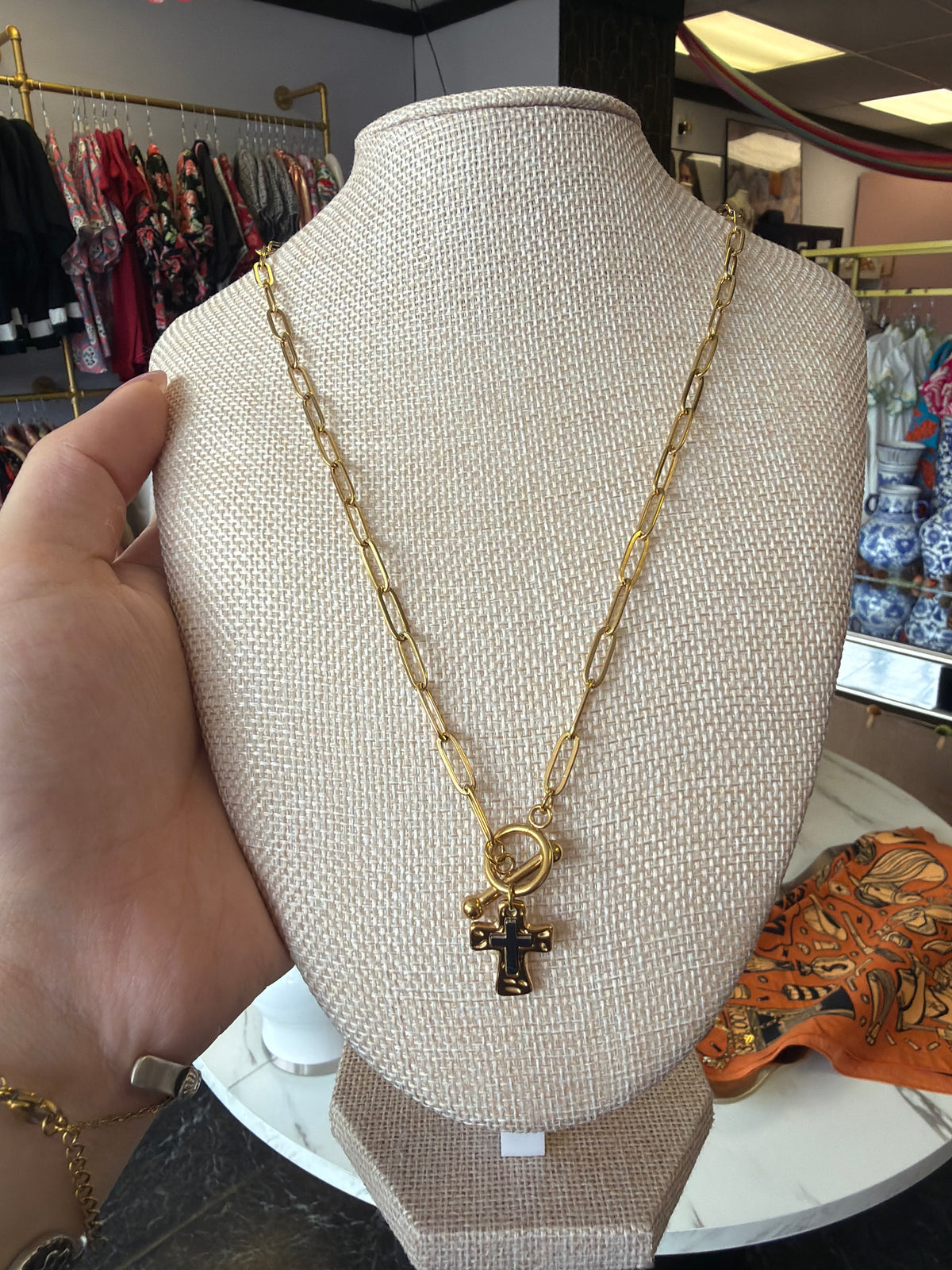 Stainless Paperclip Cross Toggle Necklaces