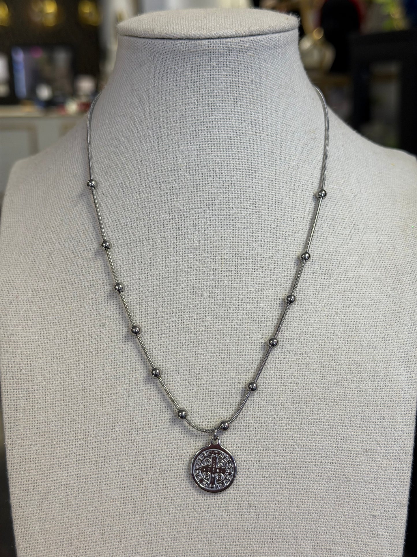 Beaded Ball Chain Stainless Saint Benedict Charm Necklace
