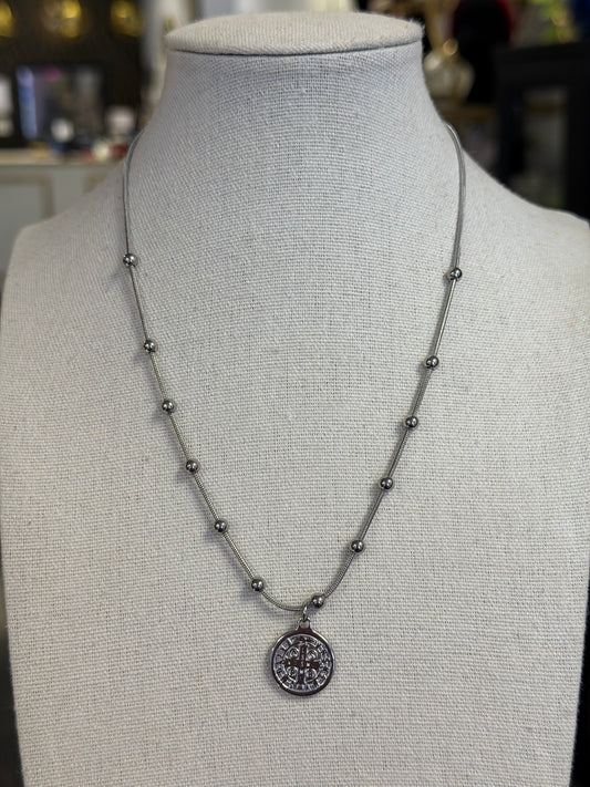 Beaded Ball Chain Stainless Saint Benedict Charm Necklace