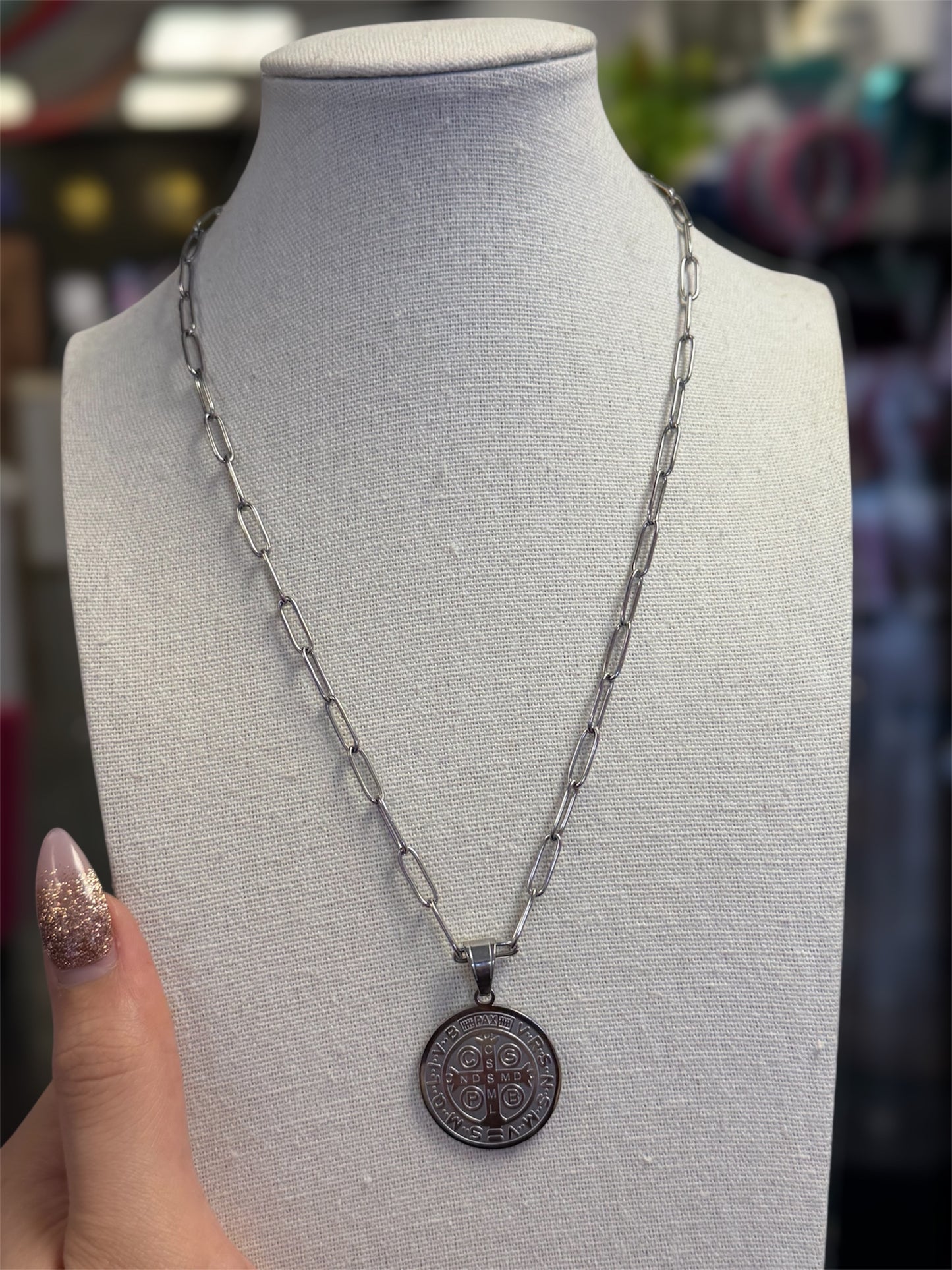 Stainless Medium Saint Benedict Paper Clip Necklace