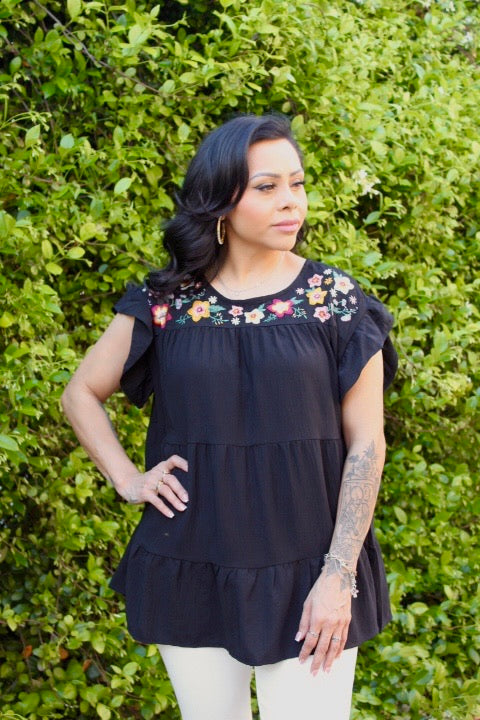 Floral Embroidery Tiered Babydoll Blouse