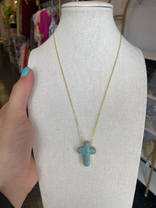 Blue Stone Pave Cross Necklace