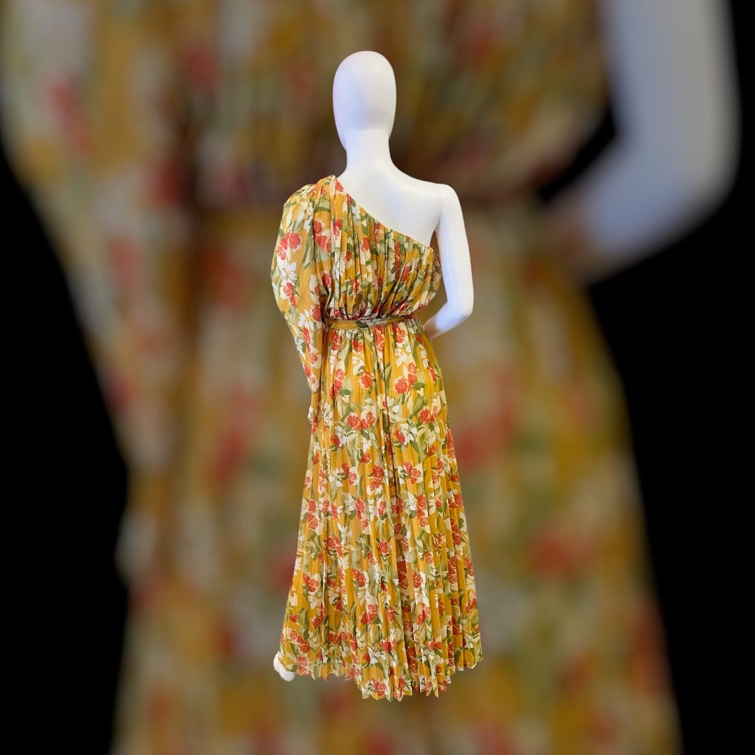 Floral One Shoulder Long Sleeve Tie Maxi Dress