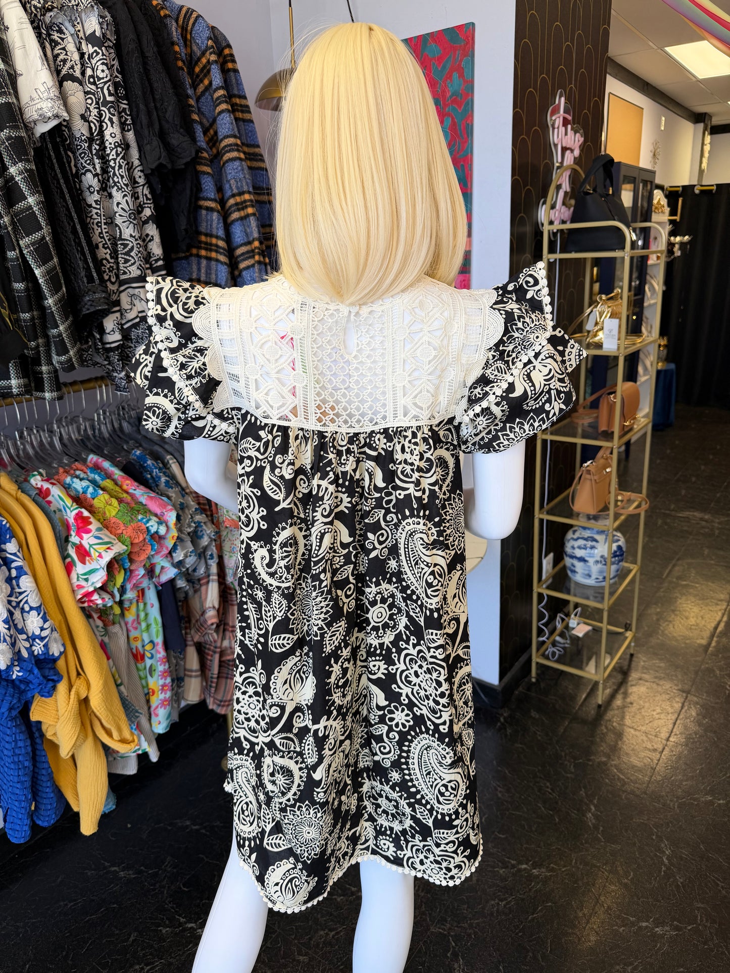 Paisley Print Black & White Puff Sleeve Dress