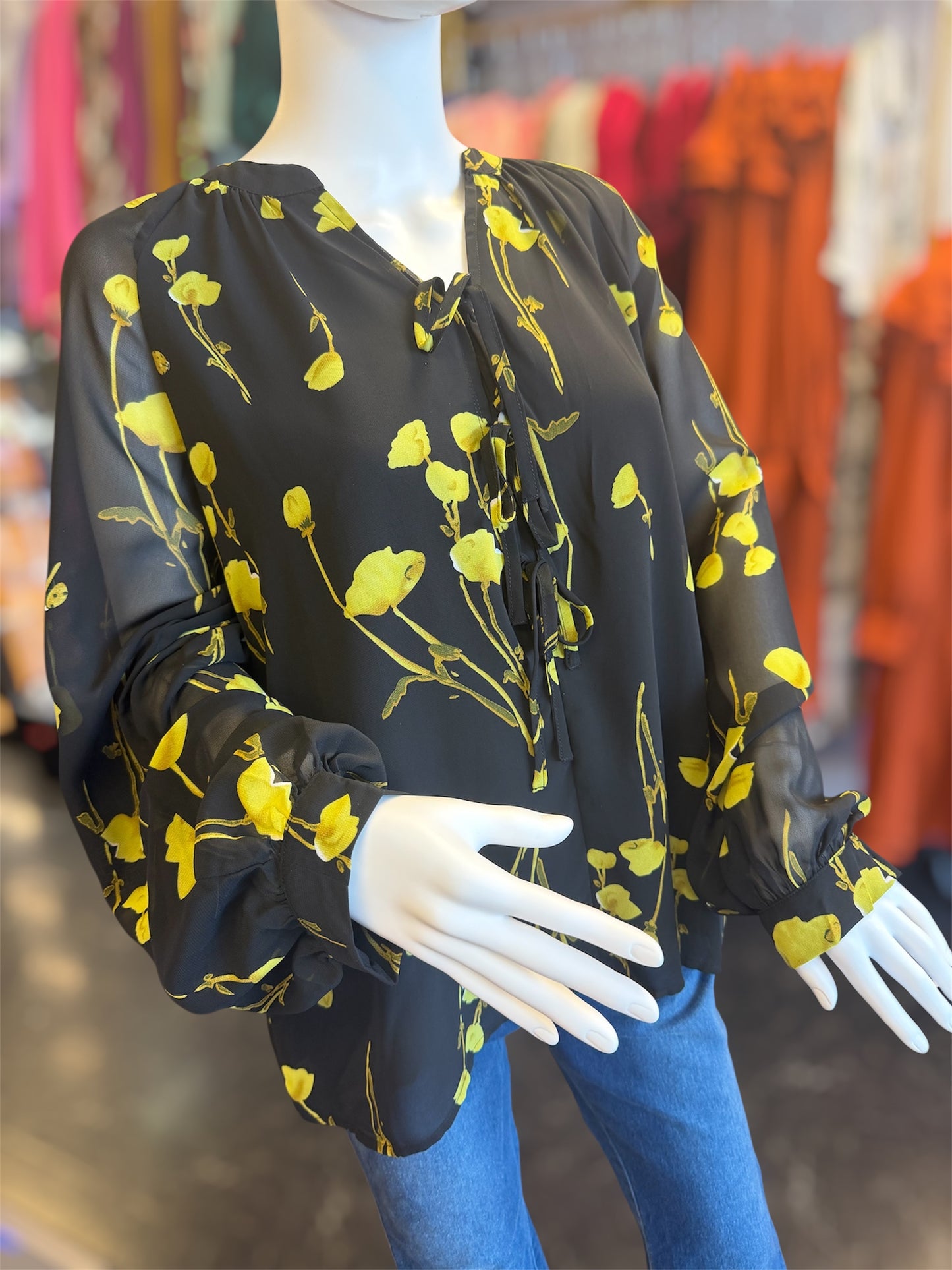 Black Long Sleeve Floral Top